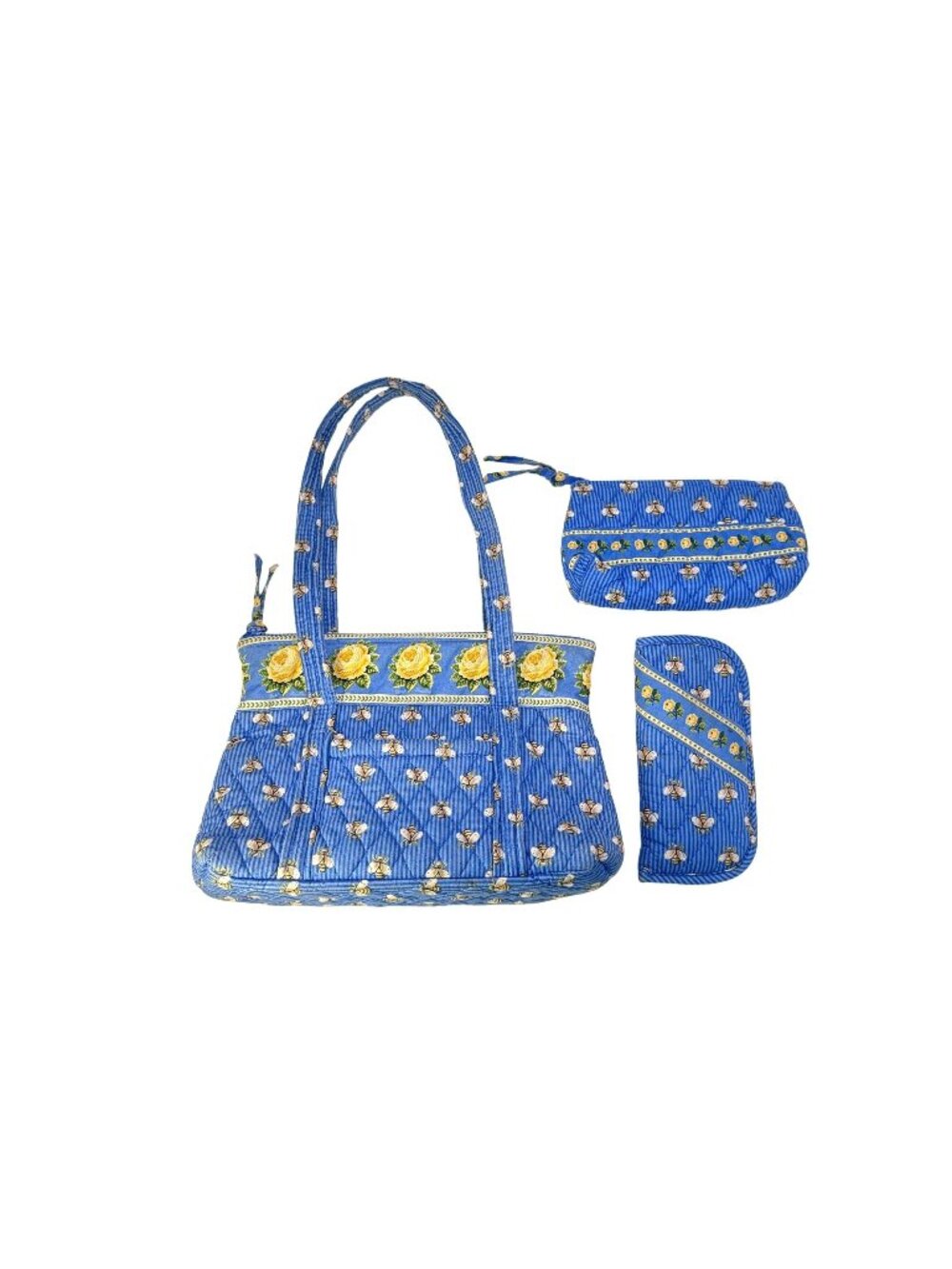 Vintage Vera Bradley Bees Purse Cosmetic Bag Glasses Case Blue Yellow Roses Reti